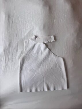 Sleeveless White Knit Asymmetric Tank with Mock Neck